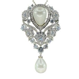 Faux Pearl  Hand Set w/ Metal Prongs CZ Stones Pendant/Brooch 20 Kt Gold Plated
